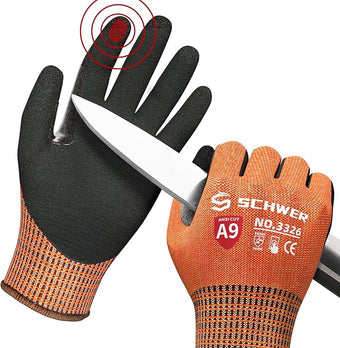 Schwer ProGuard Highest Level Cut Resistant Work Gloves PR3326 for Extreme Protection，ANSI A9 Cut Gloves with Reinforced Thumb, Non Slip, Breathable, Durable, Touch-screen, Non PFAS, Orange 1 Pair（L）