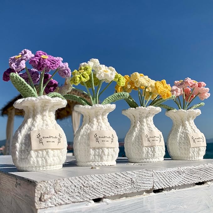 YOOJEE Forget-me-not Crochet Flower Potted Plant Pink - Handmade Desk Decor Valentines Day Gifts for Her Girlfriend Wife Mom Friends Sister Graduation Birthday Wedding Anniversary Home Decoration