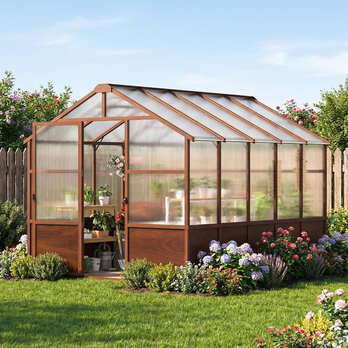 Jocoevol 8x10FT Walk-in Wooden Greenhouse for Outdoor Garden Backyard