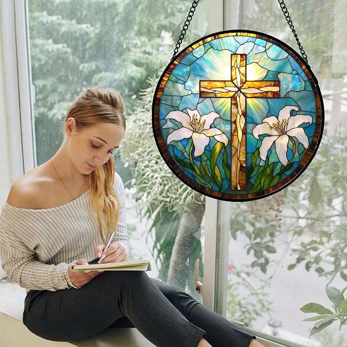 JOSUMALY Christian Gifts for Women - Cross Stained Glass Window Hanging Jesus Easter White Lily Flower Sun Catcher Garden Religion Decor Mother's Day Catholic Gift for Men Grandma Mom Her Nana 15"