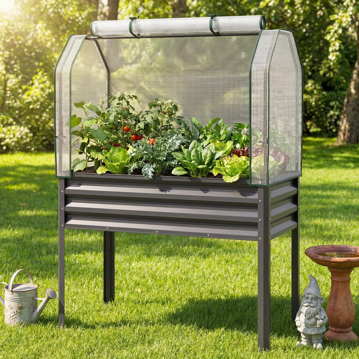 GIANTEX Raised Garden Bed with Legs & Greenhouse Cover, 44x22x60 Elevated Metal Planter Box with Roll-up Door, Outdoor Mini Greenhouse for Vegetable Flower Herb Patio Balcony (Gray,2)