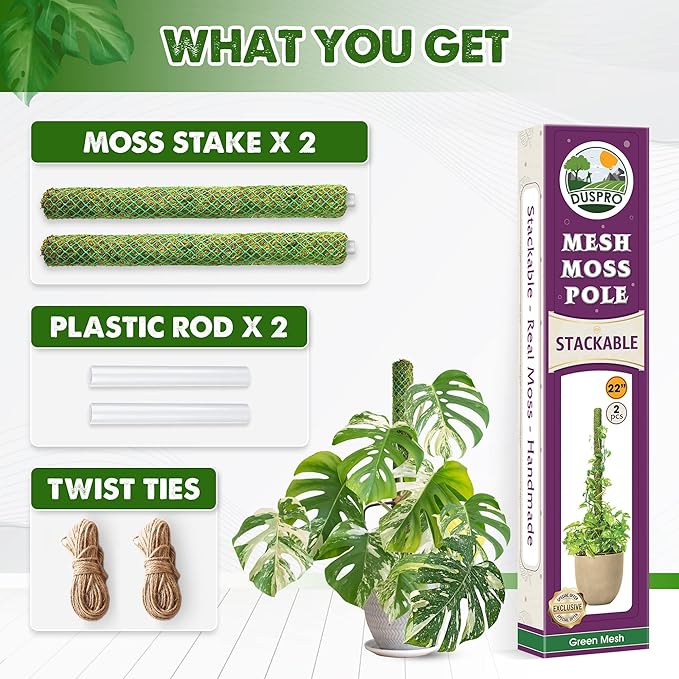 DUSPRO Green Stackable Mesh Moss Pole for Plants Climbing Vine Supporting Monstera Trellis, for Indoor Plants Extendable Plant Pole Moss Sticks, for Plants Monstera Potted Plant Stakes 2 pcs 22''