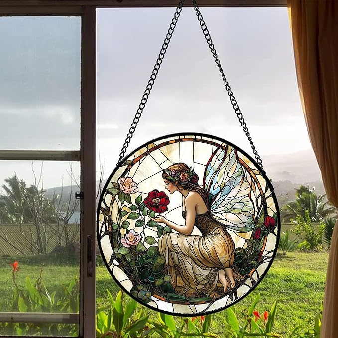 JOSUMALY Stained Glass Window Hanging - Butterfly Flower Fairy Suncatcher for Door Terrace Garden Home Decor Yellow Green Plants Sun Catcher Birthday Gifts for Lovers Women Men Dad Mom Nana 6.3 in