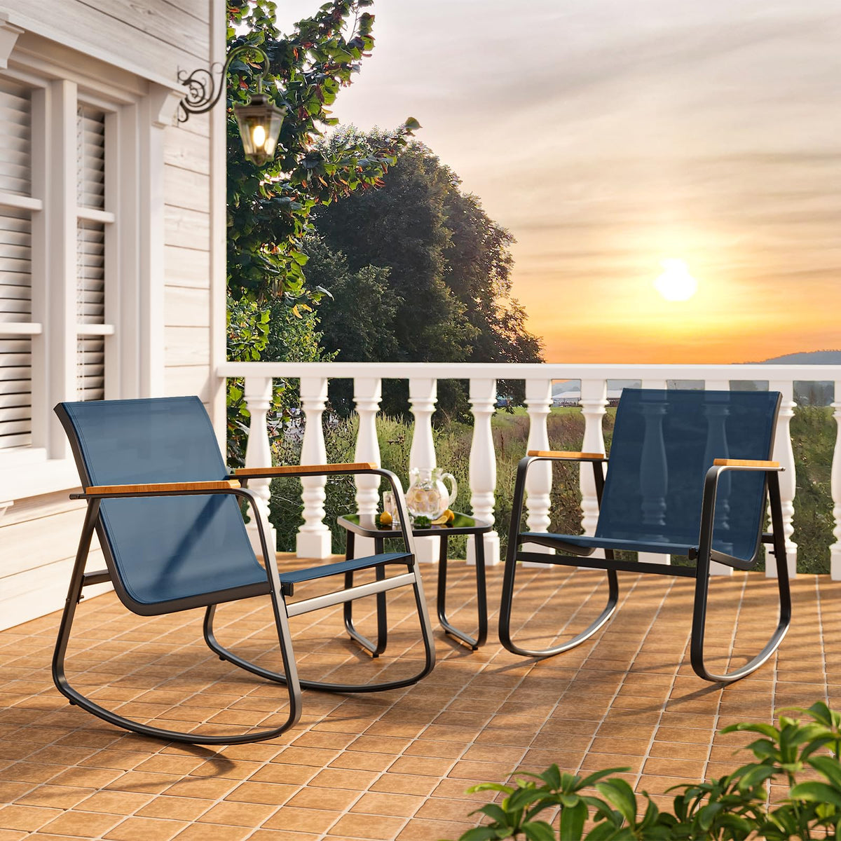 Ahomly 3-Piece Outdoor Rocking Bistro Set, Patio Furniture Set, Blue
