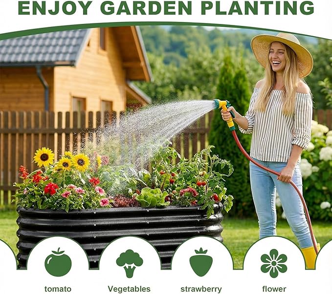 AHEONLAR 2 Pack 4×2×2ft Galvanized Raised Garden Beds Outdoor, Oval Sturdy and Durable Planter Boxes for Vegetables, Fruits, Flowers and Plants, Easy Assembly, Black