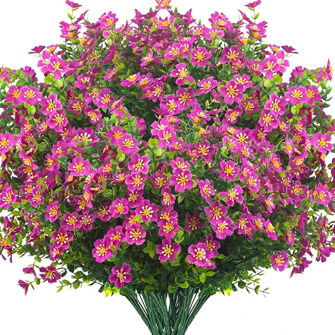 Grunyia Outdoor Artificial Flowers UV Resistant & Fade Proof, 12 Pack Realistic Fake Flowers for Garden, Patio, Lawn Decor - Weatherproof Plastic Plants (Magenta)