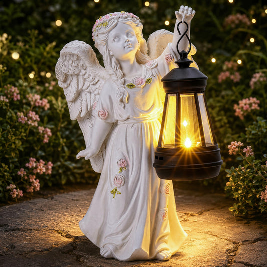 IDEA SHOW Solar Angel Statue Outdoor Garden Decor, 9" Cherub Figurine with Hanging Lantern, Resin Sculpture for Patio, Lawn, Cemetery Memorial