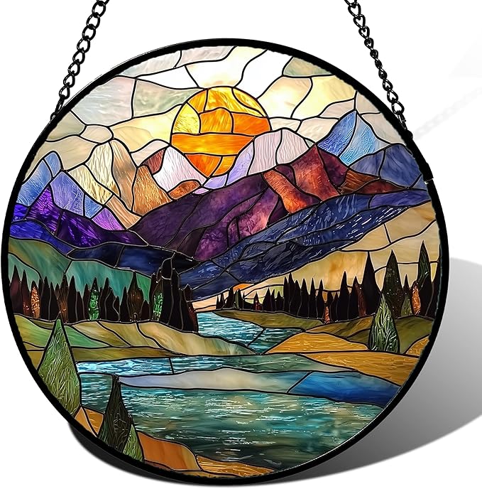 Stained Glass Window Hanging, Blue Lake Golden Sun Abstract Mountains Landscape Suncatcher for Doors Window Home Sun Catchers Decor Mother's Day Birthday Gifts for Women Men Mom 7.8 in