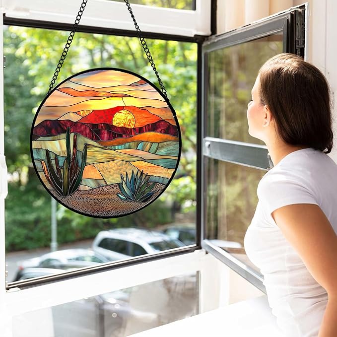 Stained Glass Window Hanging, Golden Landscape Dusk Sunset Suncatcher for Doors Window Home Cactus Sun Catchers Decoration Mother's Day Birthday Gifts for Women, Men, and Mom 6.3 in