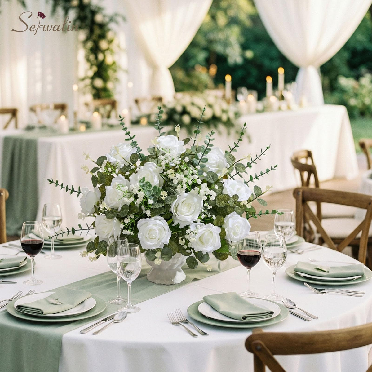 Serwalin 120 Pcs Mixed Eucalyptus Greenery Stems, White Roses, Babys Breath