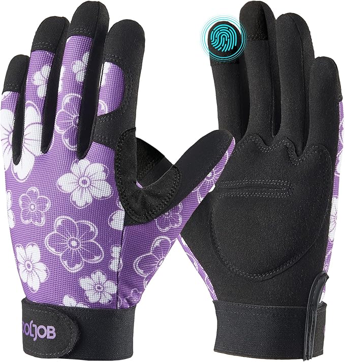 COOLJOB Medium Gardening Work Gloves for Women Ladies, Thorn Proof for Rose Pruning, Cactus Handling, Blackberry Bush Planting, Puncture Resistant Anti-Slip Flexible, 1 Pair M Floral Purple