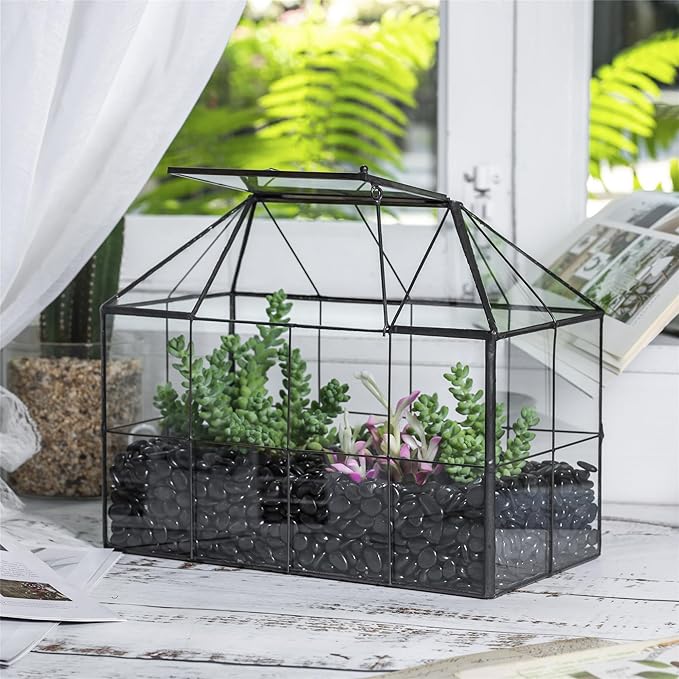 NCYP Glass Terrarium Planter with Lid for Small Succulent Cacti, Grid House Shape Black Geometric Terrarium Pot, Home Garden Indoor Tabletop Decor, 9.84" x 5.31" x 7.87" (No Plants)