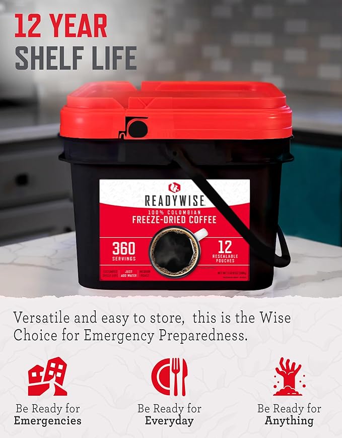 ReadyWise Emergency Food Supply - 360 Servings Freeze Dried Coffee Bucket, Survival Food, Instant Coffee Packets for Backpacking, Camping Essentials & Prepping Supplies, up to 15 Year Shelf Life