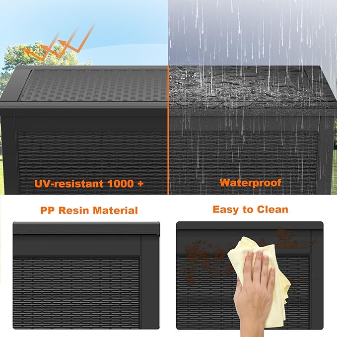 260 Gallon Resin Deck Box, Lockable Patio Outdoor Storage Box for Furniture, Garden Tools and Tools Storage, Waterproof Outside Storage Boxes - Black