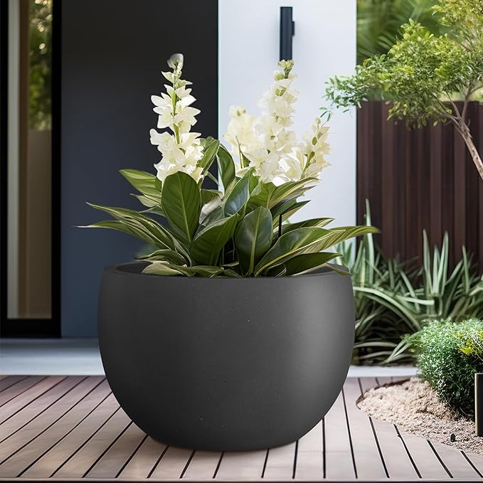 Kante 19.9" Dia Round Concrete Planter, Outdoor/Indoor Large Bowl Plant Pots with Drainage Hole and Rubber Plug for Garden Patio Balcony Home, Black