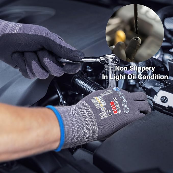 KAYGO Safety Work Gloves MicroFoam Nitrile Coated, 12 Pairs KG18NB,Seamless Knit Nylon Glove for Men and Women, Ideal for Automotive,Warehouse,Construction (Medium, Gray)