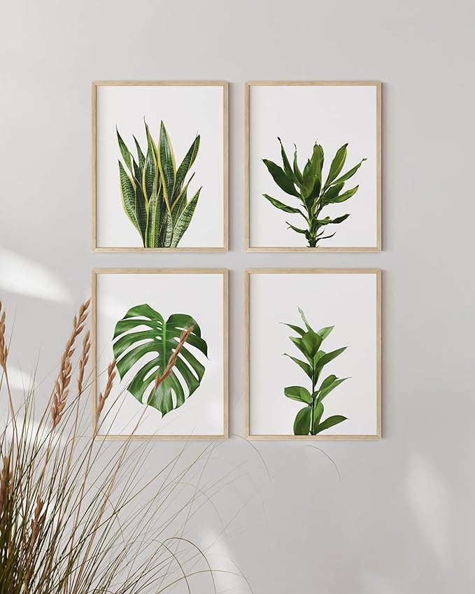 HAUS AND HUES Plant Wall Art - Set of 4 Green Plant Pictures Collection, Botanical Prints, Sage Green Leaves Paintings, Minimalist Wall Decor (11x14, Beige Frame)