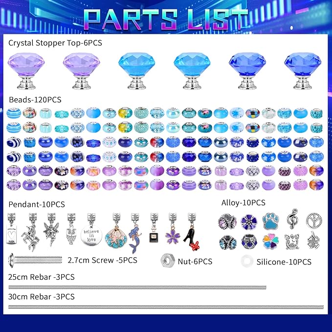 DIY Fairy Wand Garden Beads Stakes Wands Kit,Multiple Color Scheme European Beads Crystal Diamond Tops and 12 or 10 Inch Threaded Rods,Stainless Steel Stakes with Diamond Toppe(Purple+Aqua+Sapphire)