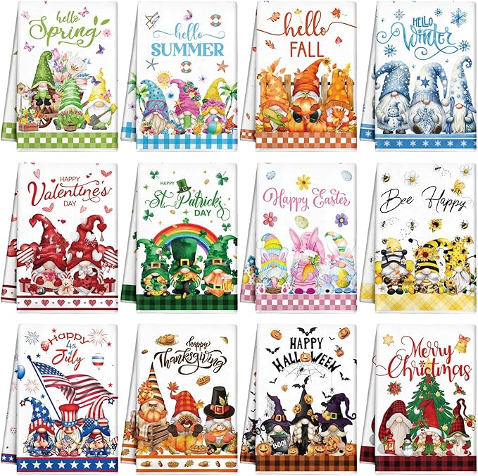 FuWeave 12 Pcs Seasonal Kitchen Towels Set for All Holidays Hand Dish Tea Towels Gift Bulk Valentine's Day Absorbent Dishcloths Housewarming Gift for Cooking Kitchen Bathroom(Gnome Style,Bright Color)