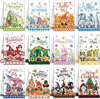 FuWeave 12 Pcs Seasonal Kitchen Towels Set for All Holidays Hand Dish Tea Towels Gift Bulk Valentine's Day Absorbent Dishcloths Housewarming Gift for Cooking Kitchen Bathroom(Gnome Style,Bright Color)