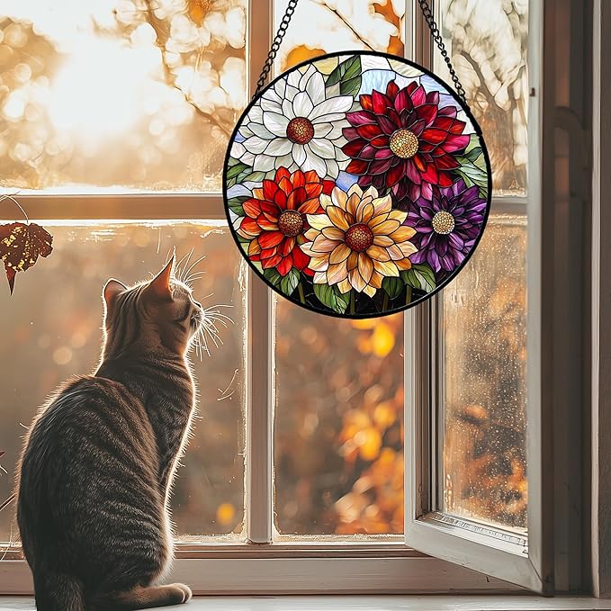 AMDERVEN Stained Glass Window Hanging, Colorful Flowers Sun Catcher for Window Door Home Decor Plant Suncatcher Christmas Mother's Day Birthday Gifts for Women Men Mom and Nana 15 in