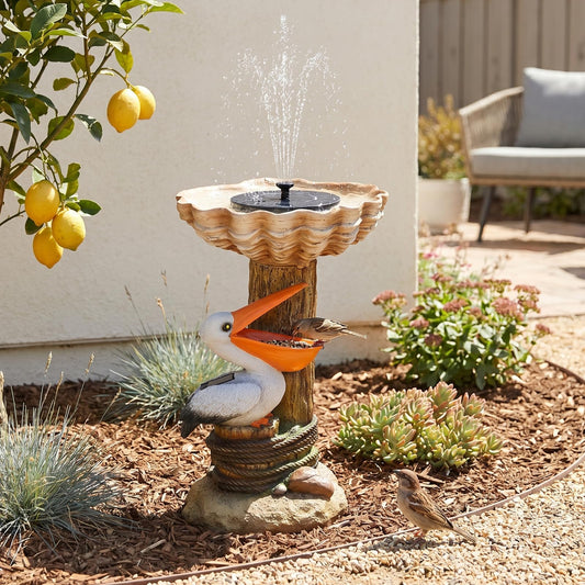 GardesT 26.77" H Outdoor Pelican Garden Statue with Solar Bird Bath and Feeder, Weather-Resistant Freestanding Water Fountain Feature, Whimsical Yard Decor for Wild Birds, Patio, Porch and Outside