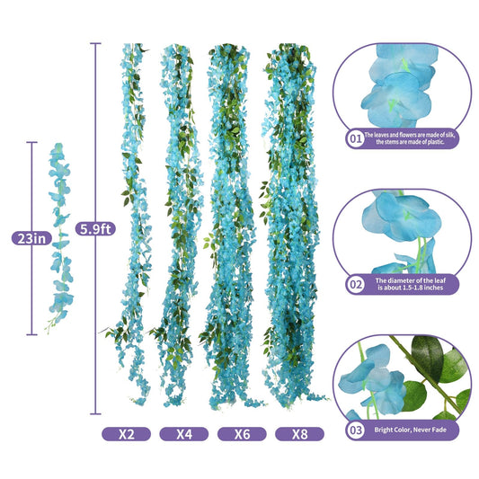 ARTKAIKE Artificial Flowers Garland for Home Decor, Fake Wisteria Vine Silk Hanging Plant Flower for Room Bathroom Wall Kitchen Bedroom Garden Outdoor Wedding Decor (4, Blue)