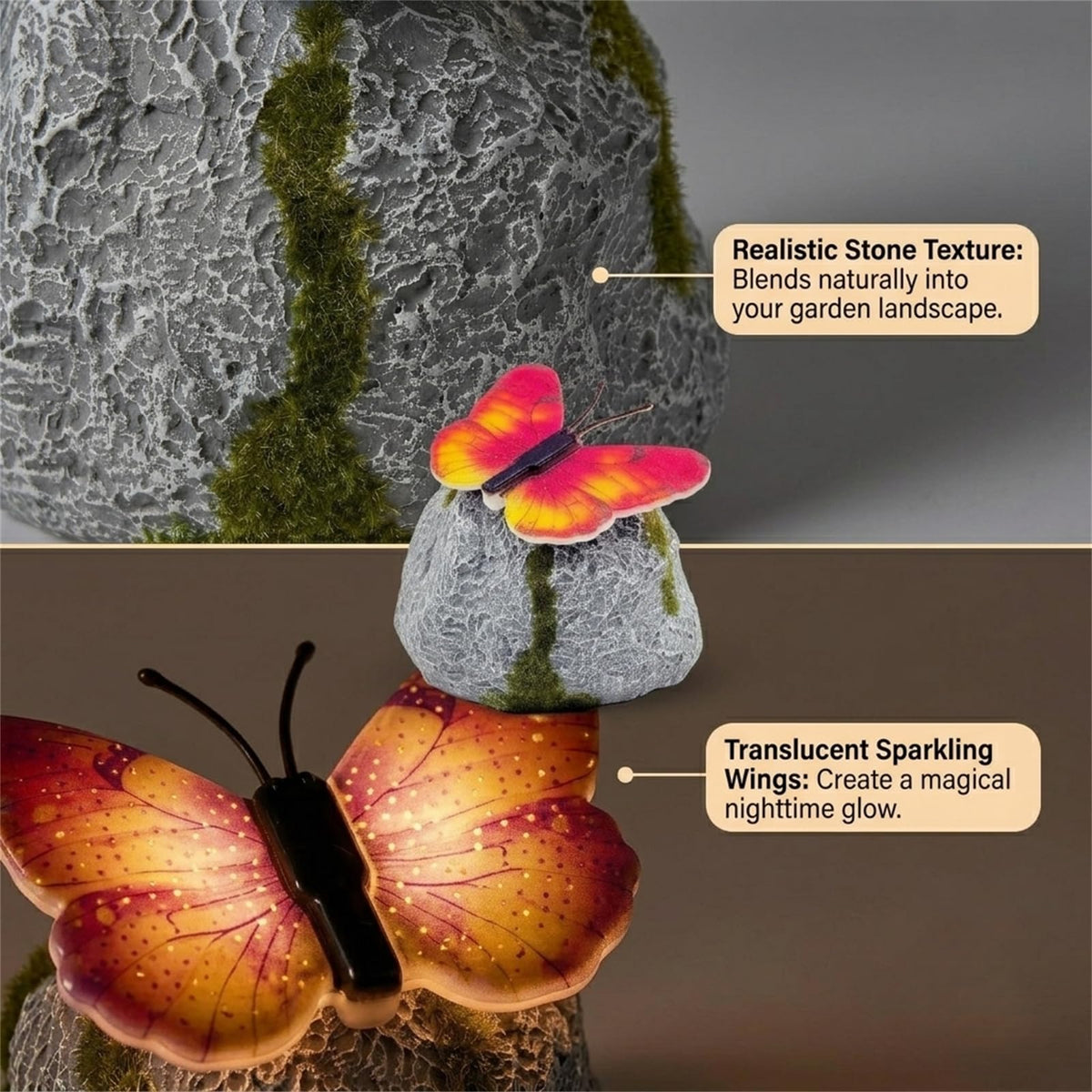 Solar Illuminated Butterfly Stone Garden Light, LED Butterfly Garden Statue with Sparkling Light-Up Wings, Glowing Landscape Rock Figurine Lamp for Flower Bed,Patio,Yard Decor Gift (Green+Purple)