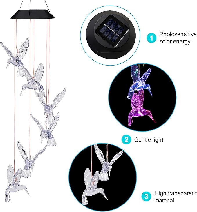 Solar Hummingbird Wind Chimes Outdoor-Waterproof Solar Powered LED Changing Light Color Hummingbirds Mobile Romantic Wind Chime for Mom Gifts, Home,Party,Festival,Night Garden Decoration(Blackboard)