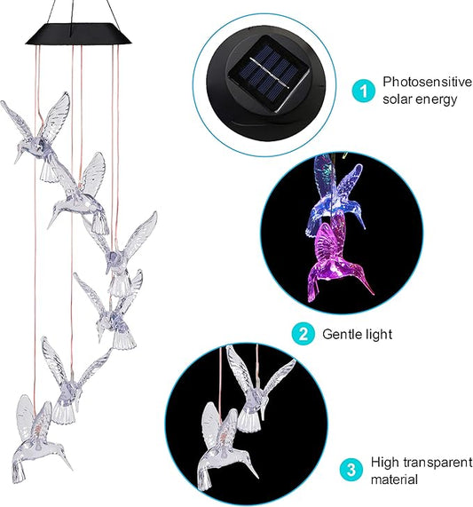 Solar Hummingbird Wind Chimes Outdoor-Waterproof Solar Powered LED Changing Light Color Hummingbirds Mobile Romantic Wind Chime for Mom Gifts, Home,Party,Festival,Night Garden Decoration(Blackboard)