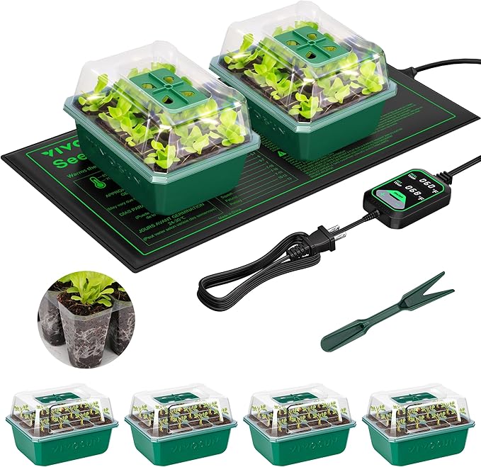 VIVOSUN 6-Pack Seed Starter Trays with 10"x20.75" Seedling Heat Mat, Self-Adjusting Dual Digital Display Temperature Controller, 72-Cell Seed Starter Kit with Humidity Dome, Reusable Propagation Trays