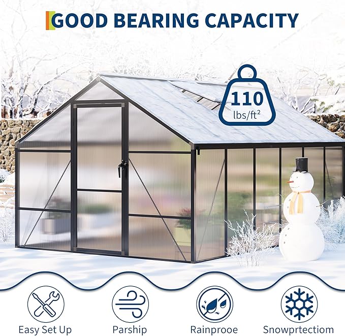 8X12 FT Outdoor Polycarbonate Greenhouse, Sturdy Aluminum Frame, Adjustable Roof Vent, Ideal for Backyard, Patio, or Garden, All-Weather Green House for Growing Plants and Vegetables