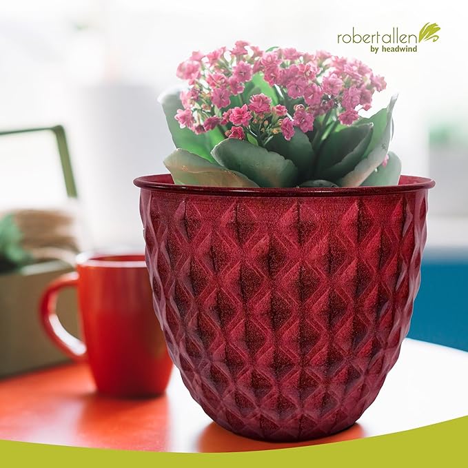 Headwind Glazed Ironstone Diamonte Collection – Crimson Red 8-Inch Decorative Plant Pot, Indoor & Outdoor, Vintage Diamond-Textured, Lightweight & Weather-Resistant for Garden Use by Robert Allen