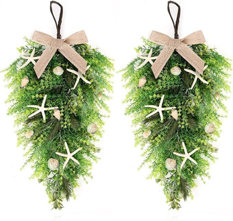 2 Pcs 24"Seashell Starfish Teardrop Swag Wreath with Green Leaves for Front Door Wedding Rustic Farmhouse Costal Starfish Conch Shells Wreath for Indoor Outdoor Spring Summer All Seasons Home Decor ﻿
