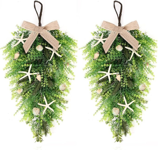 2 Pcs 24"Seashell Starfish Teardrop Swag Wreath with Green Leaves for Front Door Wedding Rustic Farmhouse Costal Starfish Conch Shells Wreath for Indoor Outdoor Spring Summer All Seasons Home Decor ﻿