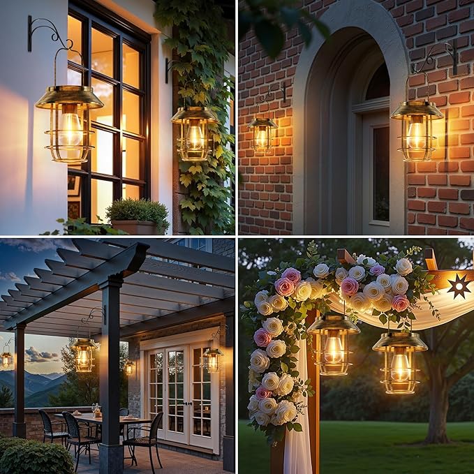 Solar Lanterns Outdoor Waterproof, High Brightness Hanging Solar Lights for Outside with Wall Hooks, Retro Metal Outdoor Lanterns Auto On/Off for Porch, Patio, Yard Decor 2 Pack