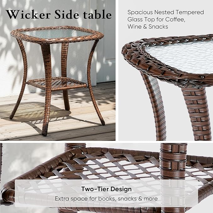 Belord Luxury 6" Thick Cushioned Outdoor Swivel Rocker Patio Chairs Set of 4 with Side Table, High Back Wicker Furniture Set with Ergonomic Zone Back, Conversation Set for Deck Porch - Brown+Blue