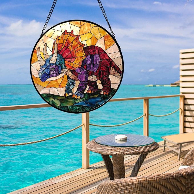 Stained Glass Window Hanging - Triceratops Abstract Dinosaur Suncatcher for Door Terrace Garden Home Decor, Orange Red Sun Catcher Birthday Gifts for Lovers Women Men Dad Mom Nana 6.3 in