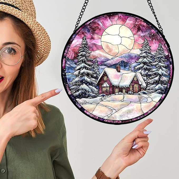 AMDERVEN Stained Glass Window Hanging - Winter Snow Scene Cabin Moon Sun Catcher for Door Garden Home Decor Pine Tree Suncatcher Christmas Mother's Day Birthday Gifts for Women Men Mom Nana 6.3 in