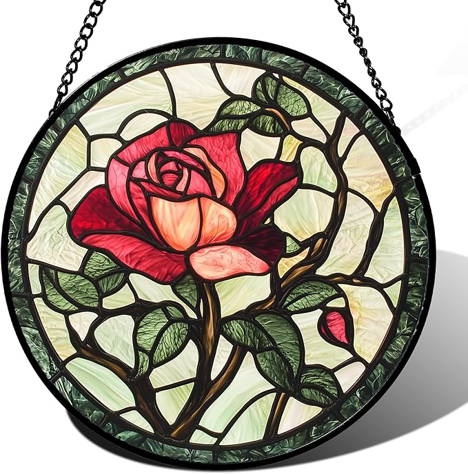 AMDERVEN Stained Glass Window Hanging, Red Rose Flowers Sun Catcher for Door Garden Home Decor Suncatcher Christmas Mother's Day Birthday Gifts for Women Lovers Men Wife Girlfriend Mom Nana 9.8 in