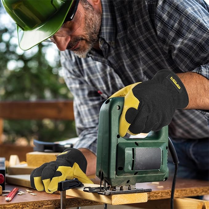 HANDLANDY Men Leather Gardening Gloves, Utility Work Gloves for Mechanics, Construction, Driver
