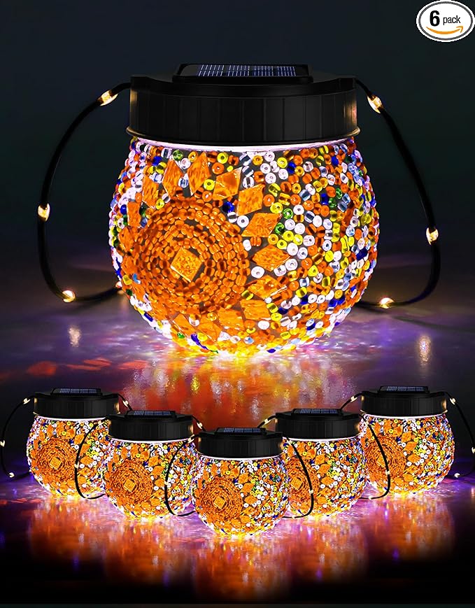 Mosaic Solar Lights Outdoor 6 Pack, Solar Hanging Lanterns Christmas Halloween Gifts for Women Mom Grandma, Waterproof Glass Globe Lights, Garden Patio Decor for Yard, Tree, Balcony, Warm