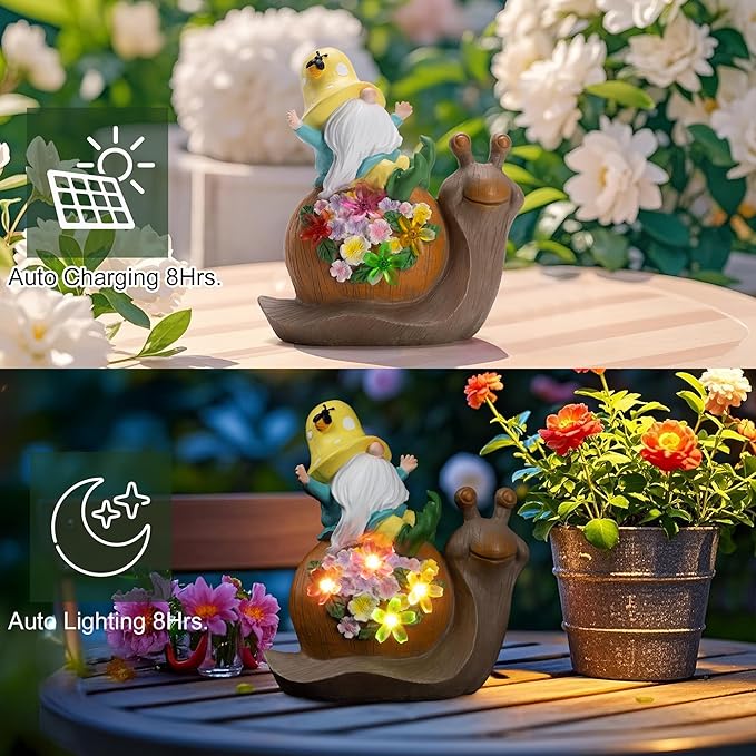 Solar Gnomes Outdoor Snail Garden Statue for Yard with Outdoor Decorations for Patio Mom Gift