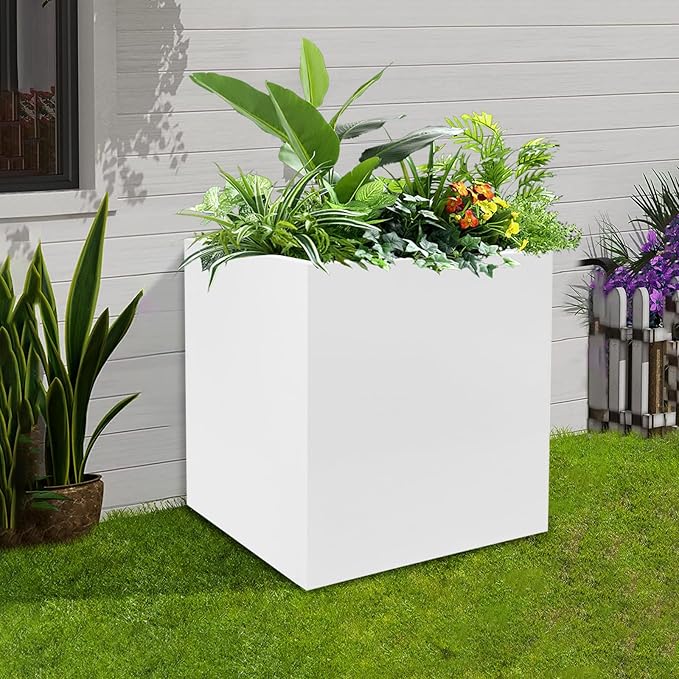 20 & 24 &17 Inch Square Steel Planter Box with Drainage - Modern Tall Cube Planters for Indoor & Outdoor Use,Large Contemporary Flower Pot for Patio, Garden, Deck & Houseplants (White, 17Inch)