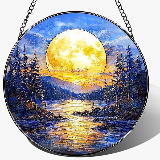 LAOWEIKI 8'' Full Moon Over Forest Lake Suncatcher Ornament, Stained Glass Window Hanging, Sun Catchers for Windows Hanging Ornaments, Window Decor | Gifts for Christmas, Birthday, Father's Day