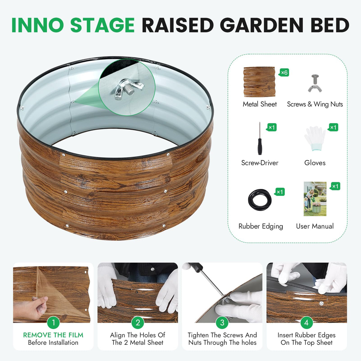 INNO STAGE 3 Pcs Round Galvanized Raised Garden Beds,2x2x1ft Grain