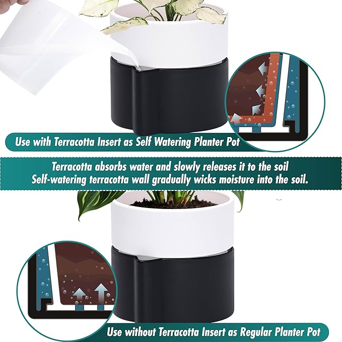 Phoenix Vine 6.5 Inch Self-Watering Planter Pot with Terracotta Insert, Deep Water Reservoir, and Ceramic-Alike BPA-Free Plastic Pot for Plant, Modern Planter for Houseplants, Black/White, 53-C-S-7