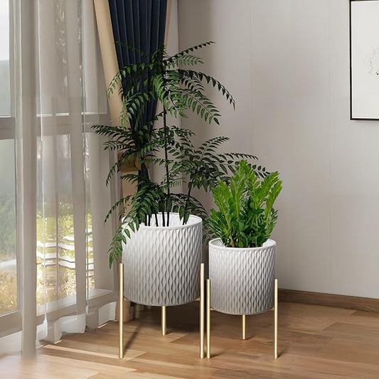ARNIS Plants Pots with Stand,Set of 2 Flower Pots, Unique Mid Century Decorative Metal Flower Pots with Drainage,10.5&12.25 Inch, Grey and White