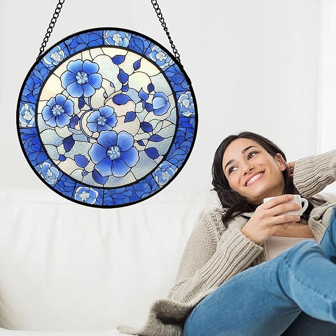AMDERVEN Stained Glass Window Hanging, Blue and White Plum Blossom Sun Catcher for Door Home Decor Flowers Suncatcher Christmas Mother's Day Birthday Gifts for Women Men Mom and Nana 15 in