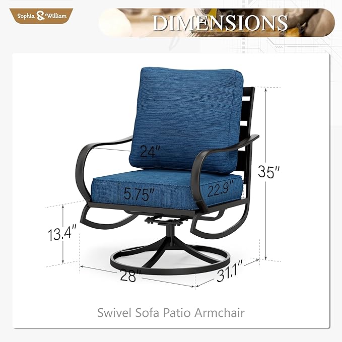 Sophia & William 2 Pieces Patio Furniture Sets Metal Sofa Chairs Patio Cushion Armchairs Swivel Sofa Chairs with Removable Cover for Garden Backyard Poolside Peacock Blue